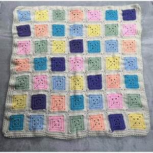 Handmade Knitted Crochet Baby Blanket 36"x36 Colorful Granny Square Afghan Throw